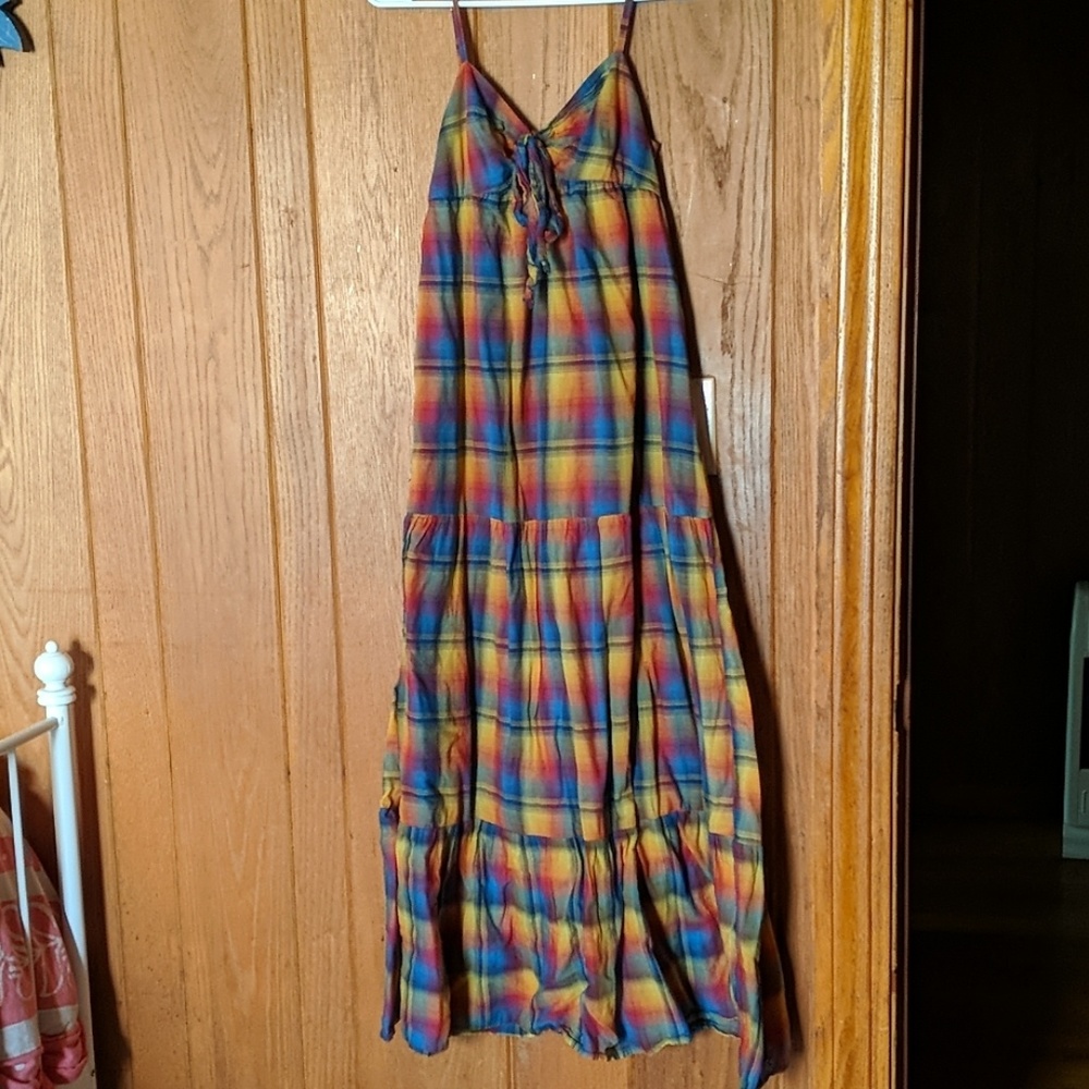 Rainbow-Hued Mossimo Madras Peasant Maxi Dress